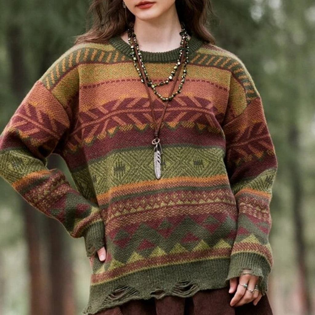 Round Neck Geometric Pattern Hole Knitted Long-sleeved Sweater