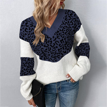 Women's V-neck Pullover Contrasting Leopard Print Sweater