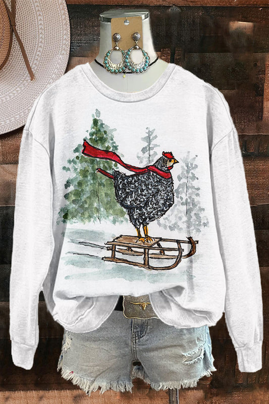 Cute Hen Skiing Print Sweatshirt