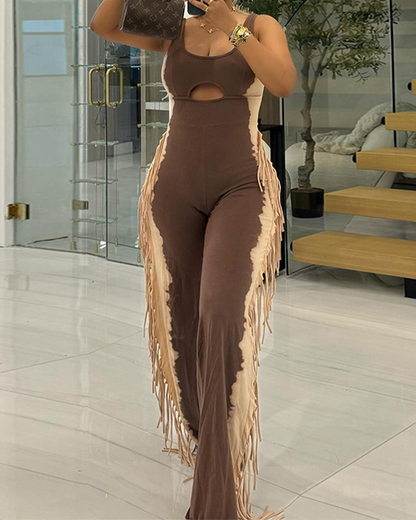 Casual Hollow Out Tassels Trim Jumpsuits