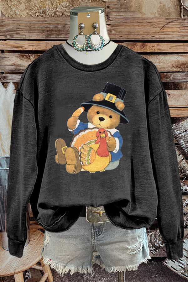 Cute Bear Thanksgiving Turkey Print Sweatshirt