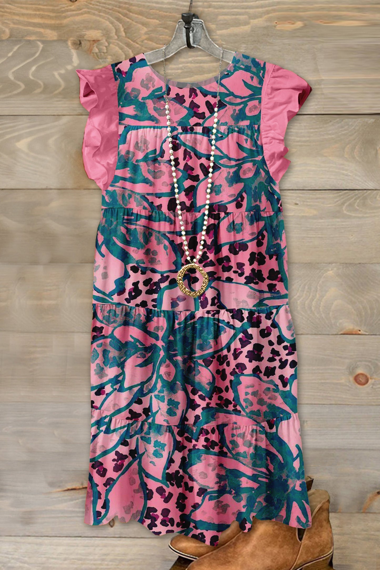 Classic Leopard Floral Print Fly Sleeve Dress