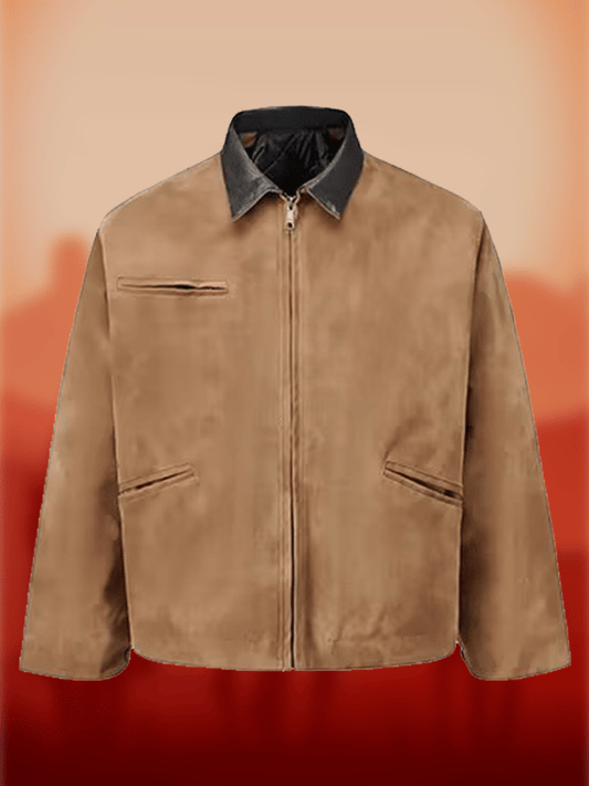 Western Men's Suede Stand Collar Men's Jacket Double Zipper Pockets Jacket Outerwear