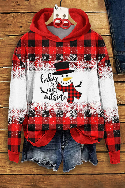 Casual Christmas Snowman Check Print Hoodie