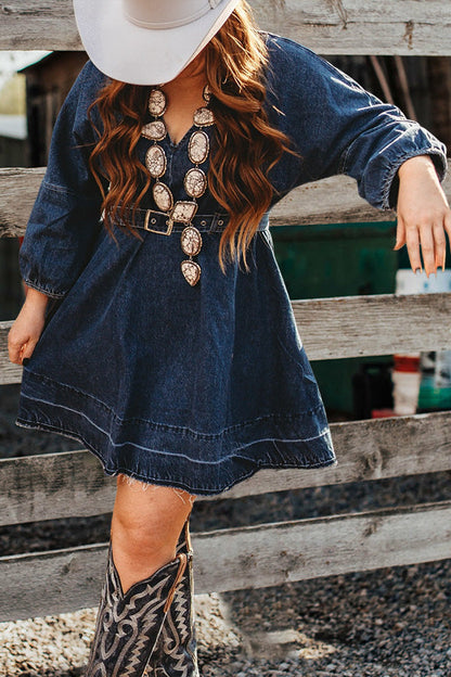 Vintage V-Neck Ruffled Denim Dress