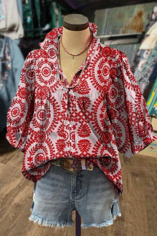 Elegant Graphic Print High Neck Bubble Sleeve Top