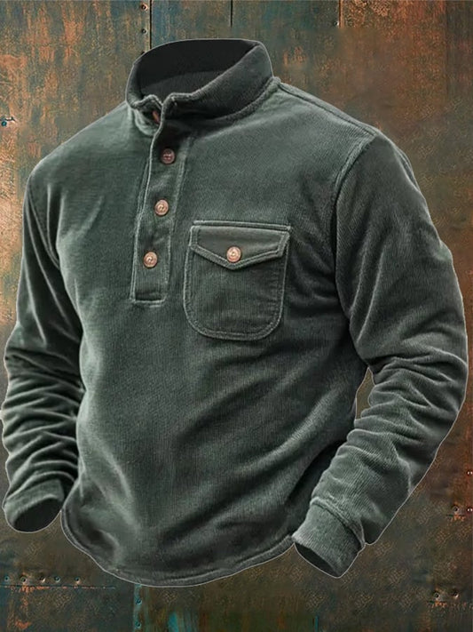 Men's Vintage Corduroy Pocket Button Stand Collar Long Sleeve Sweatshirt