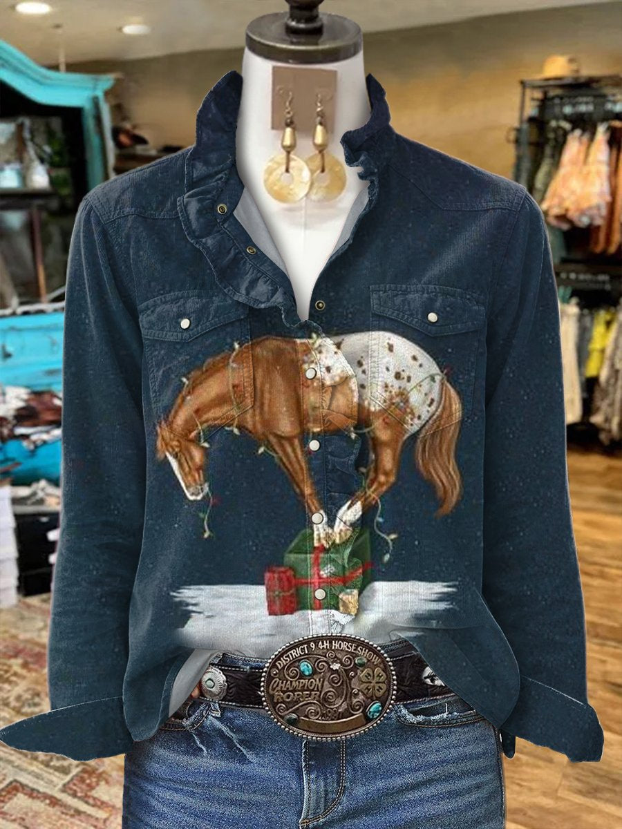 Women's Vintage Merry Christmas Horse Print Casual Long Sleeve Comfortable Cotton Shirt