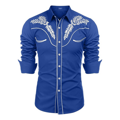 Men's Long Sleeve Embroideres Western Shirts-Navy