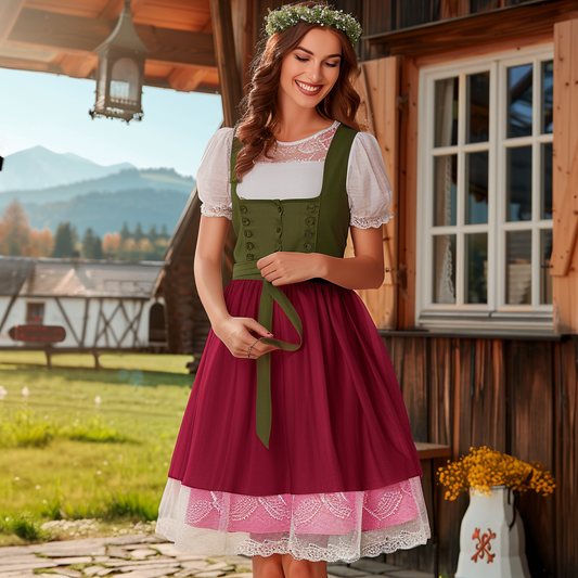 Women's Retro German Dress Oktoberfest Party High Waist Short Sleeve Dress