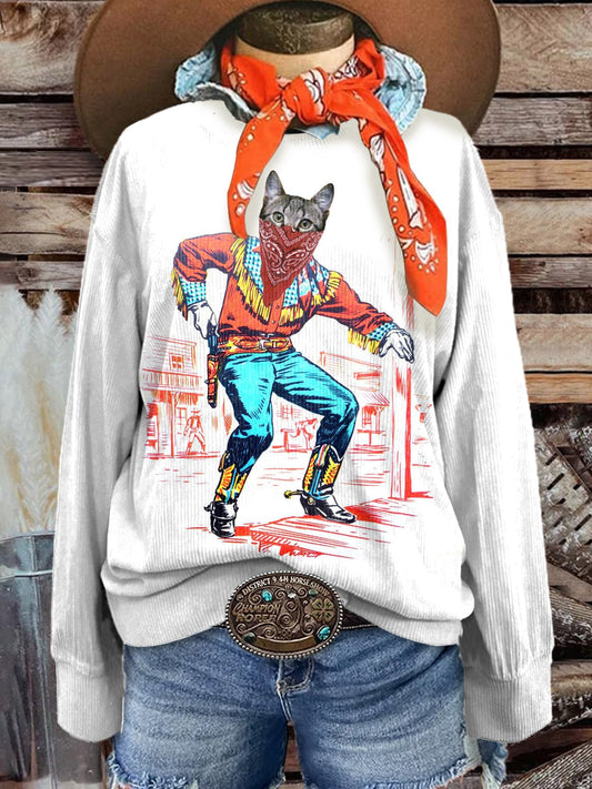 Women's Cowboy Cat Print Casual Corduroy Sweatshirt