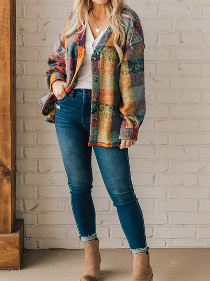 Women's Fleece Thermal Coat Western Multicolor Plaid Loose Jacket