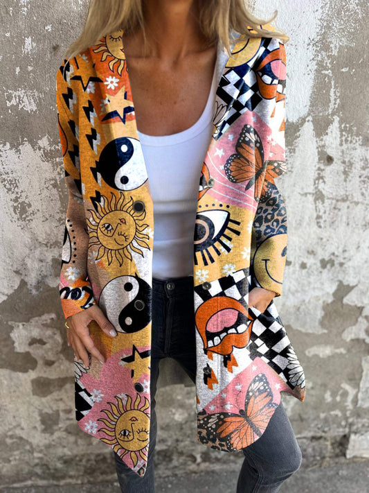 Retro Psychedelic Hippie Print Button Hooded Jacket