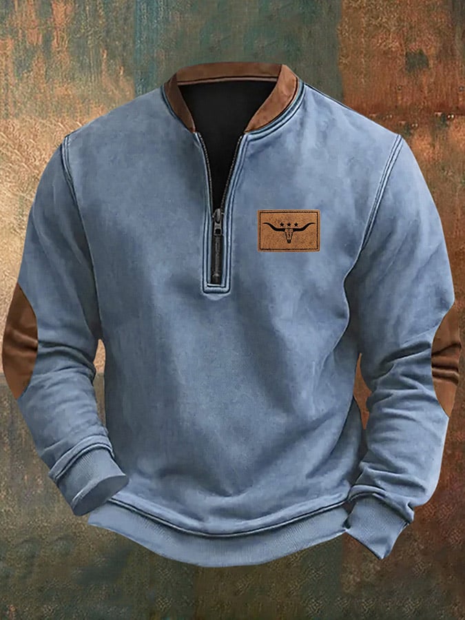 Men's Vintage Western Elk Print Zip-Up Sweatshirt