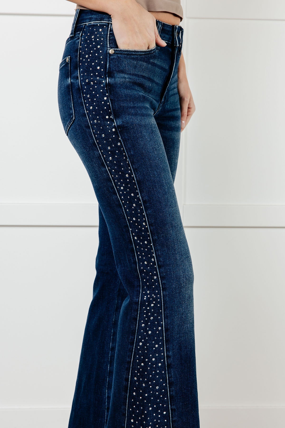 Judy Blue Mid Rise Rhinestone Detail Flare Jeans