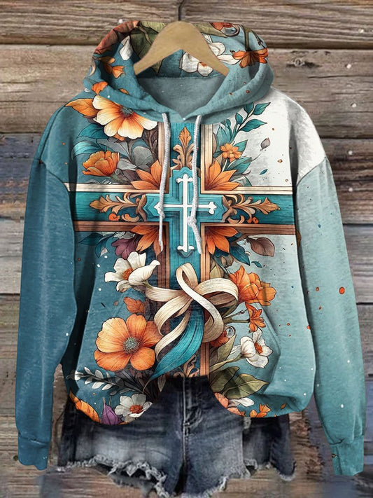 Vintage Cross Floral Art Print Casual Sweatshirt