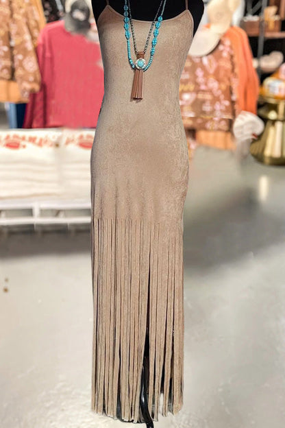 Vintage Suede Fringed Maxi Dress-0520