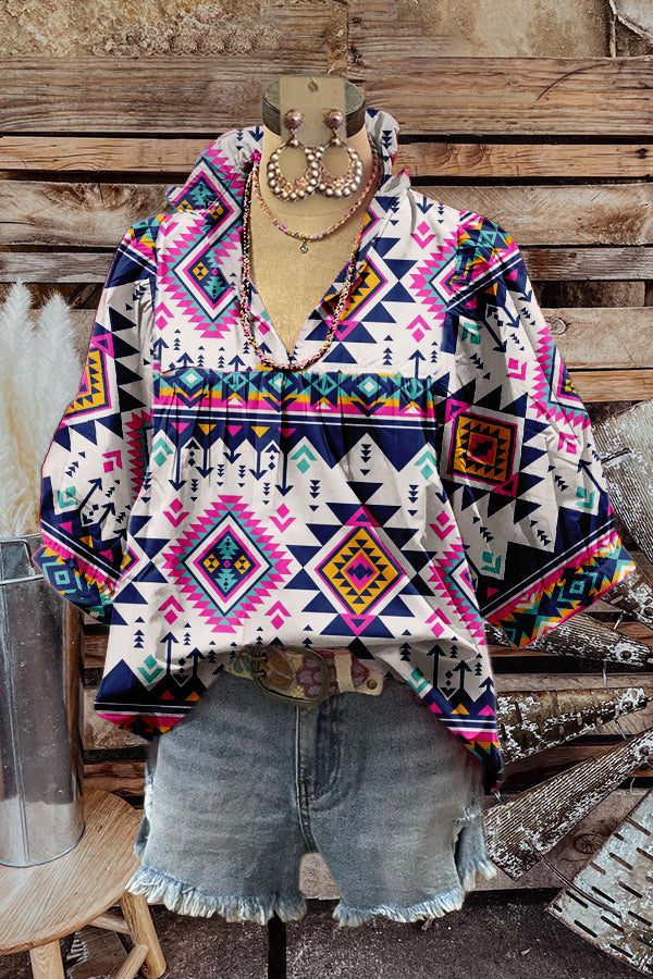 Western Totem Print Puff Sleeve Top