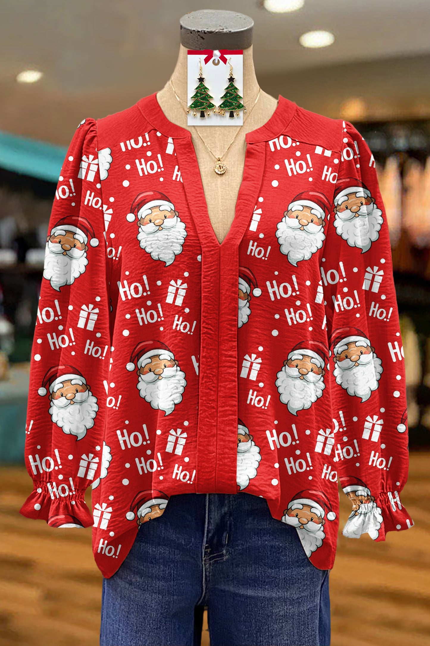 Classic Christmas Santa Claus Print V-Neck Blouse