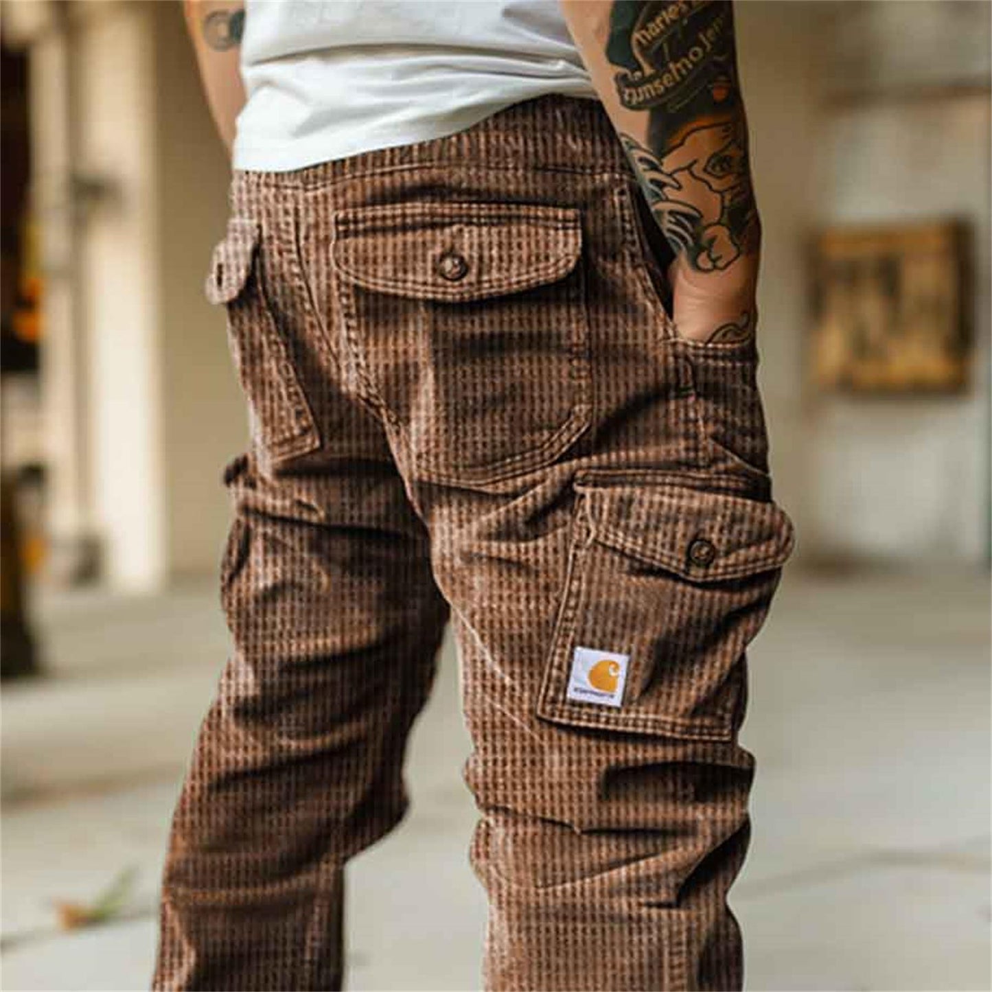 Men's Vintage Waffle Knitted Outdoor Multi-pocket Cargo Pants Trousers