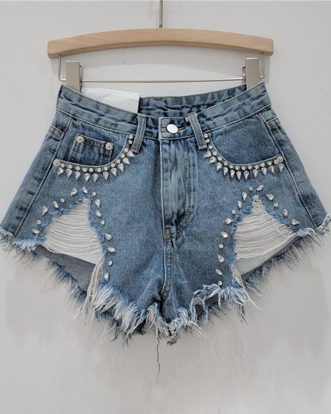 Diamond-Encrusted Frayed Denim Shorts