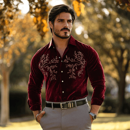 Men's Regular Fit Crushed Embroidery Red Velvet Shirt