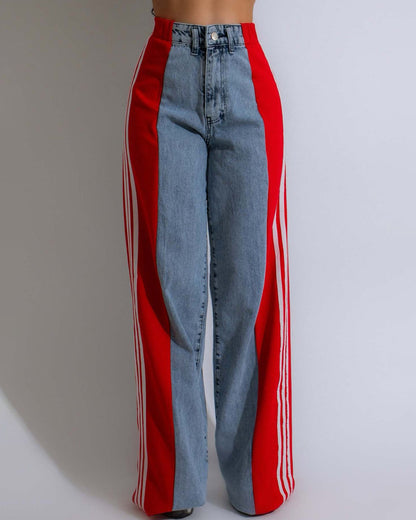 High Waisted Straight Pants Casual Pants Striped Patchwork Jeans Women