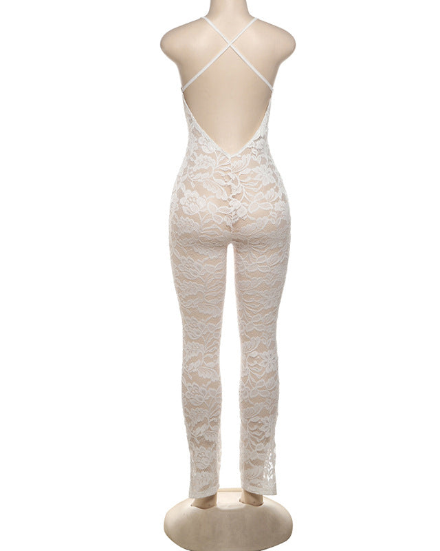 Deep V Halter Back Lace See Through Jumpsuit