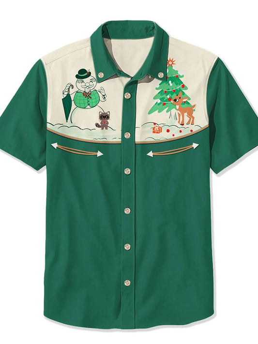 Vintage Snowman and Christmas Tree Art Print Casual 100% Cotton Shirt