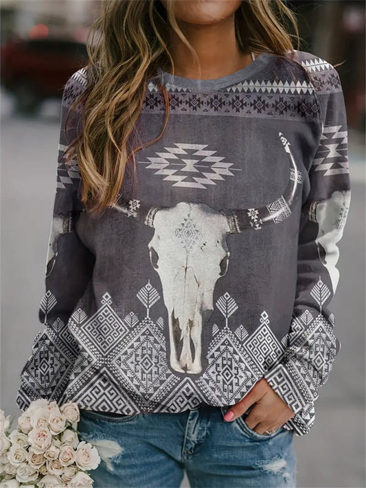 Cow Skull & Aztec Print Pullover Sweatshirt