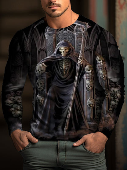 Men's Halloween Grim Reaper Ghost Skull Casual Print Long Sleeve T-Shirt