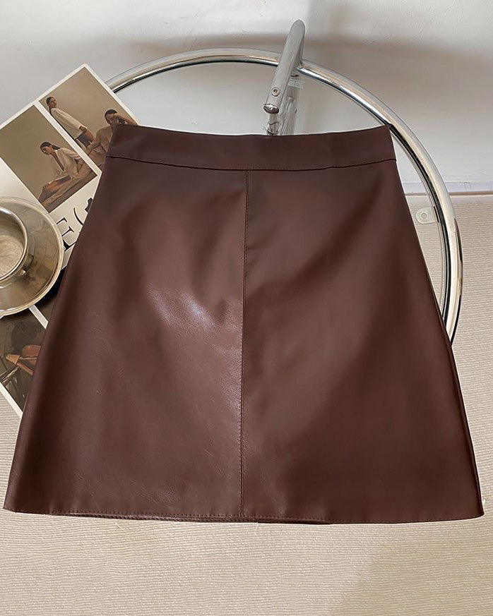 High-Waisted Pu Leather A-Line Hip Skirt