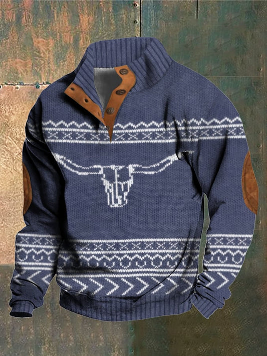 Men's Retro Western Knitted Print Stand Collar Sweatshirt