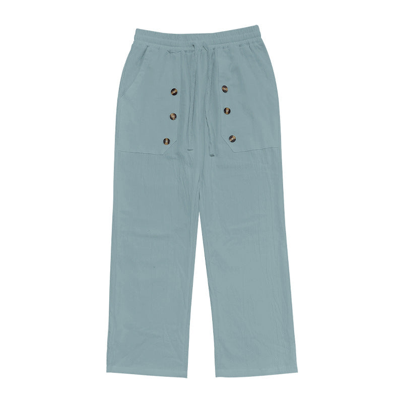 Men's Casual Hawaii Beach Multi Button Cotton Linen Trousers