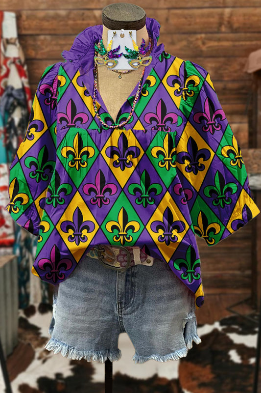 Vintage Mardi Gras Print Puff Sleeve Blouse