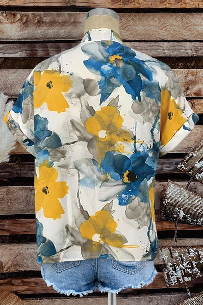 Casual Floral Print Short Sleeve Shirt-0520