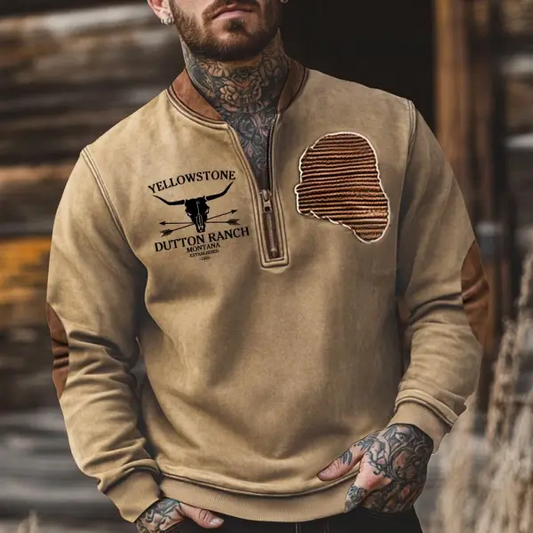 Men's Vintage Yellowstone Pressed Sleeve Elbow Patch Henley Zipper Long Sleeve Sweatshirt