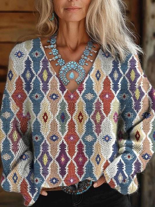 Women's Vintage Aztec Print Casual V-neck Pullover Knit