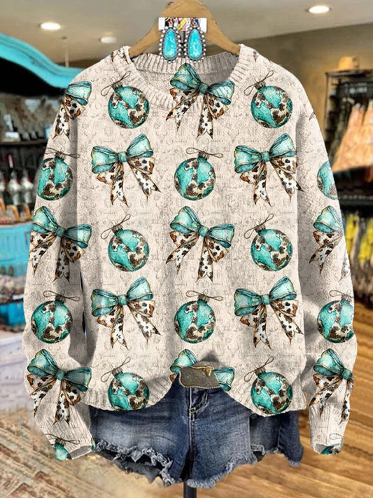 Beige Vintage Turquoise Gift Balls Print Knit Pullover Sweater