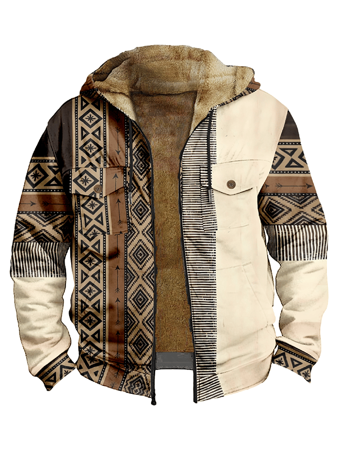 Men's Western Style Printed Hooded Fleece Jacket