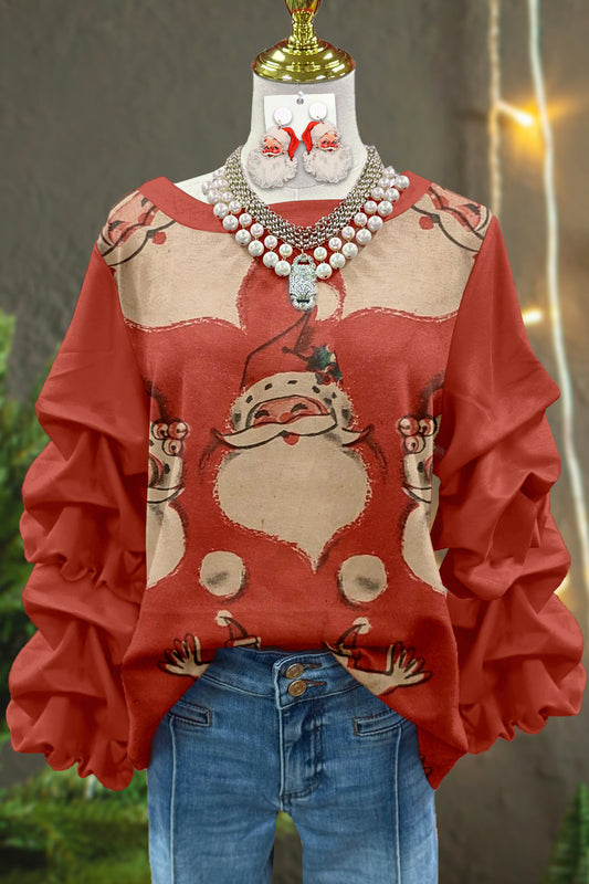 Vintage Christmas Ugly Santa Print Pleated Sweatshirt