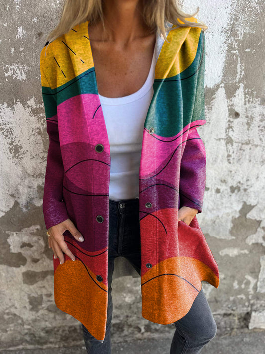 Retro Hippie Psychedelic Print Button Hooded Jacket