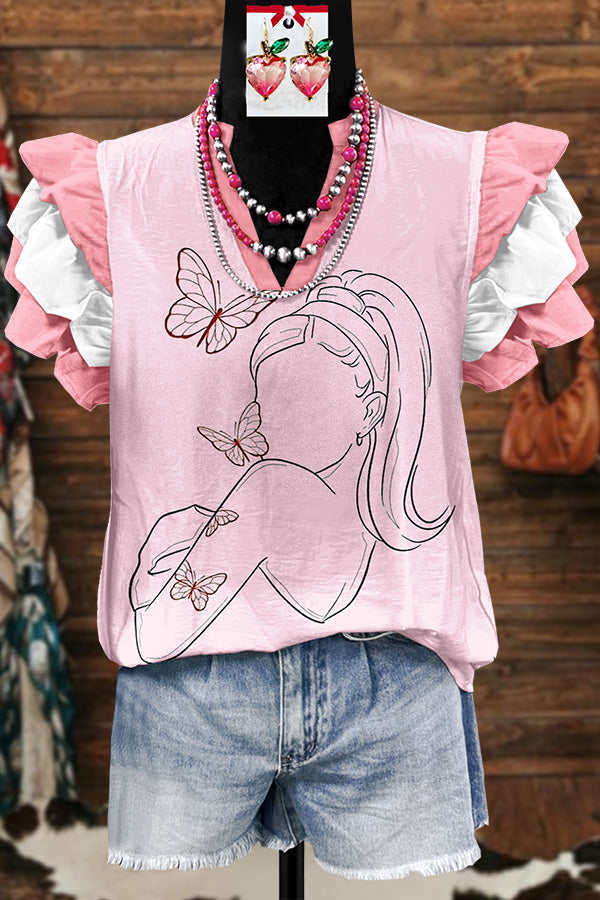 Pink Flying Sleeve Music Blouse