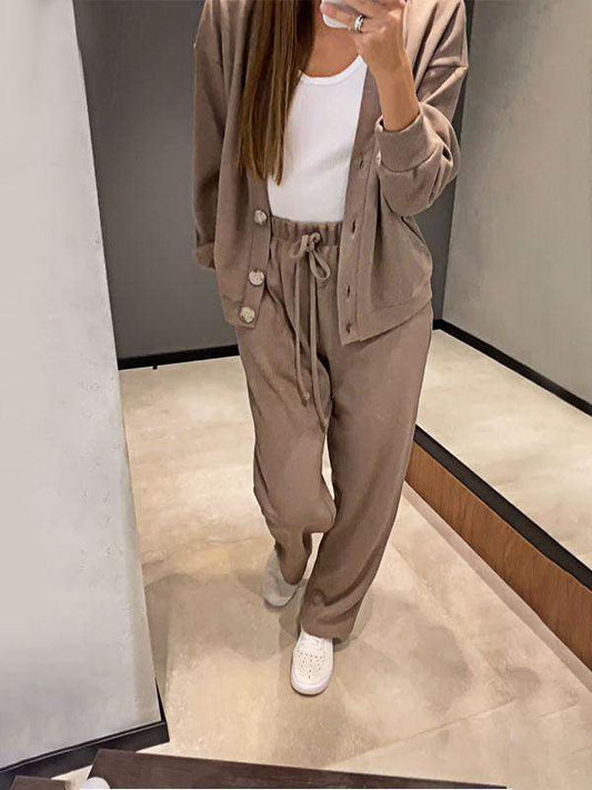 Women's Knitted Buttoned Jacket and Pants Two-piece Set