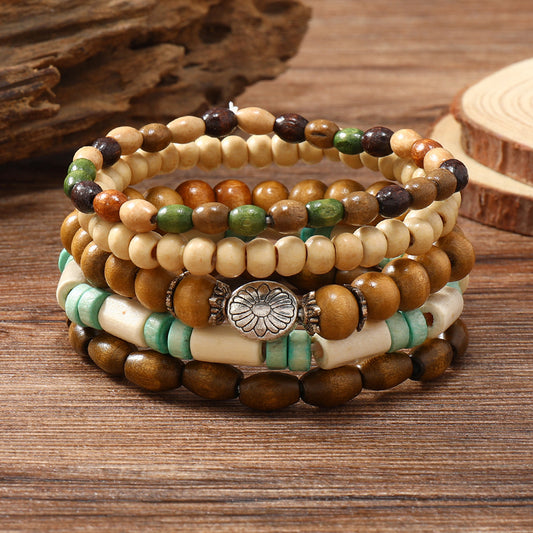 Unisex Colorful Wooden Beads Small Flower Elastic Wire Five-piece Bracelet