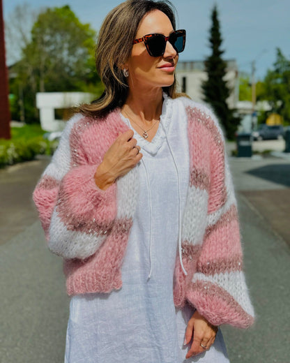 Loose Cardigan Pink and White Knitted Sweater