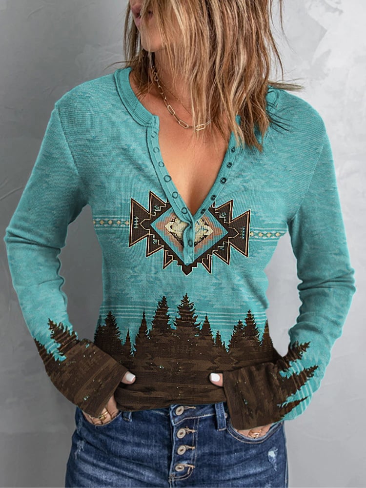 Women's Vintage Western Long Sleeve V-Neck Top