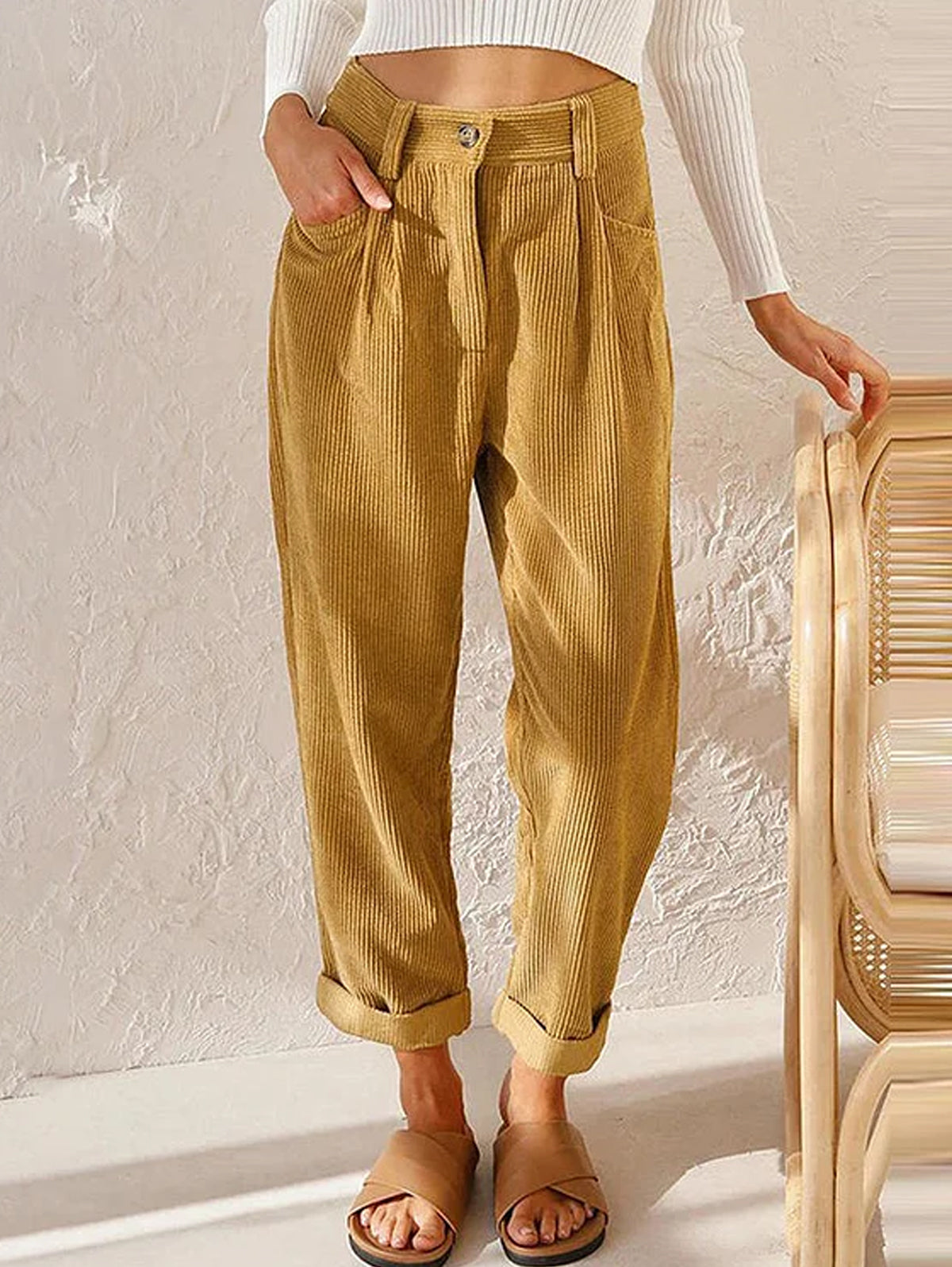 Casual Solid High Waist Pocket Straight Leg Corduroy Pant