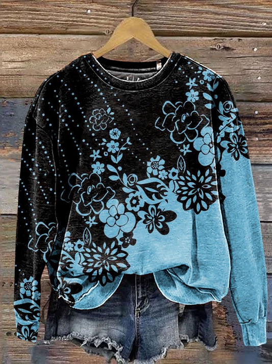 Vintage Color Block Floral Art Print Casual Sweatshirt