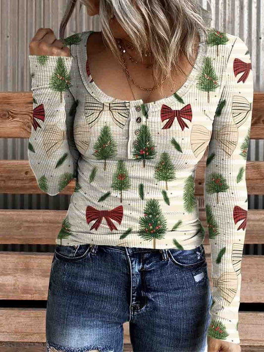 Women's Christmas Tree Print Comfortable Cotton Henley Shirt